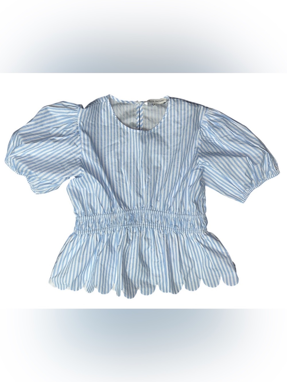 English Factory Anthro Blue White Striped Peplum Puff Sleeve Top Sz Med